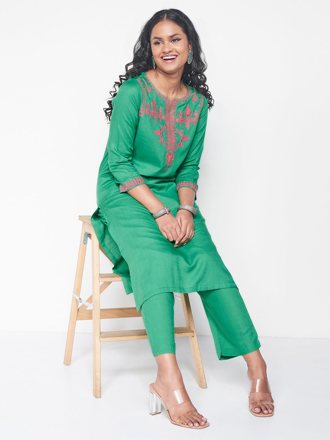 Global Desi Ethnic Motifs Embroidered Straight Kurta With Trouser