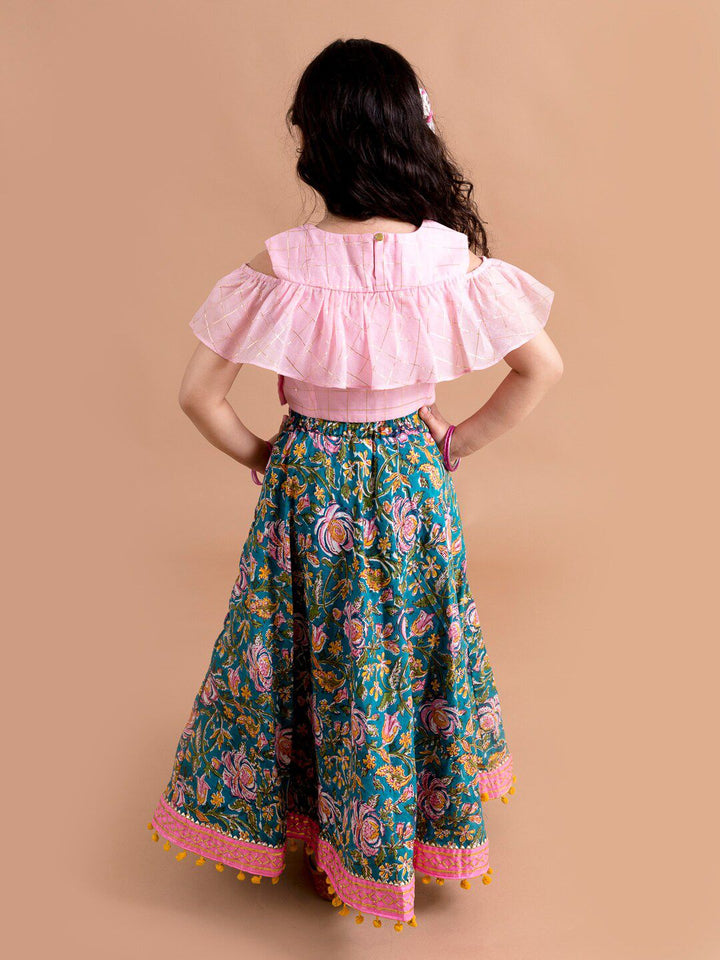 pspeaches Girls Blue & Pink Ready to Wear Lehenga & Blouse With Dupatta