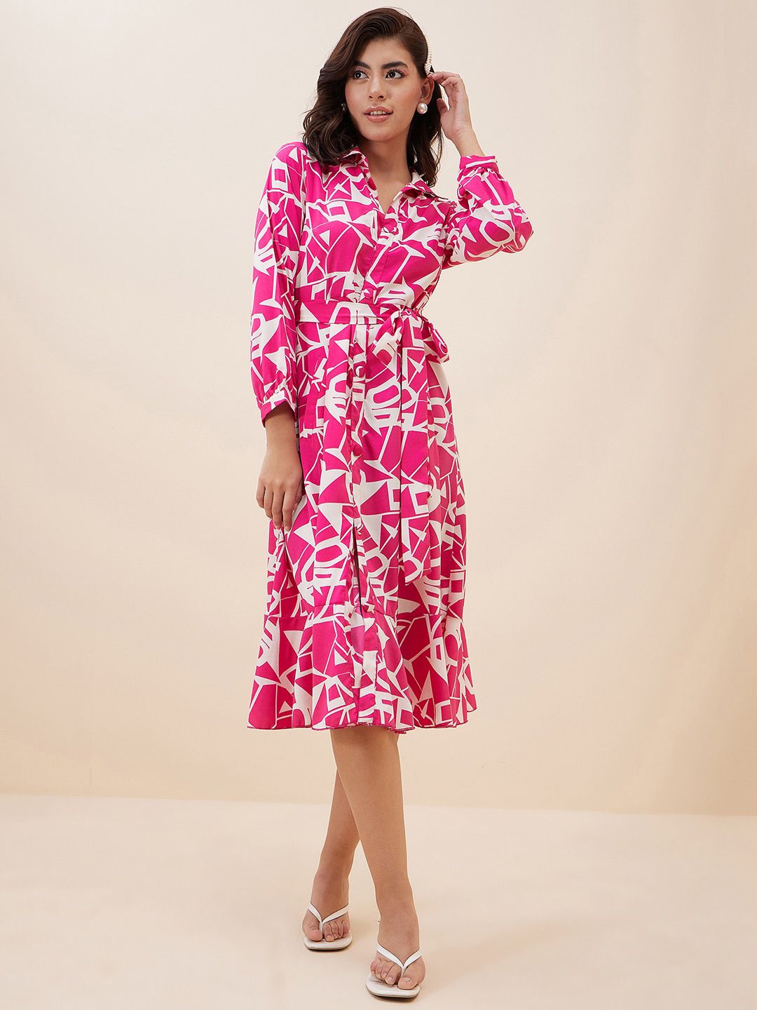 Antheaa Geometric Printed Shirt Style Midi Dress