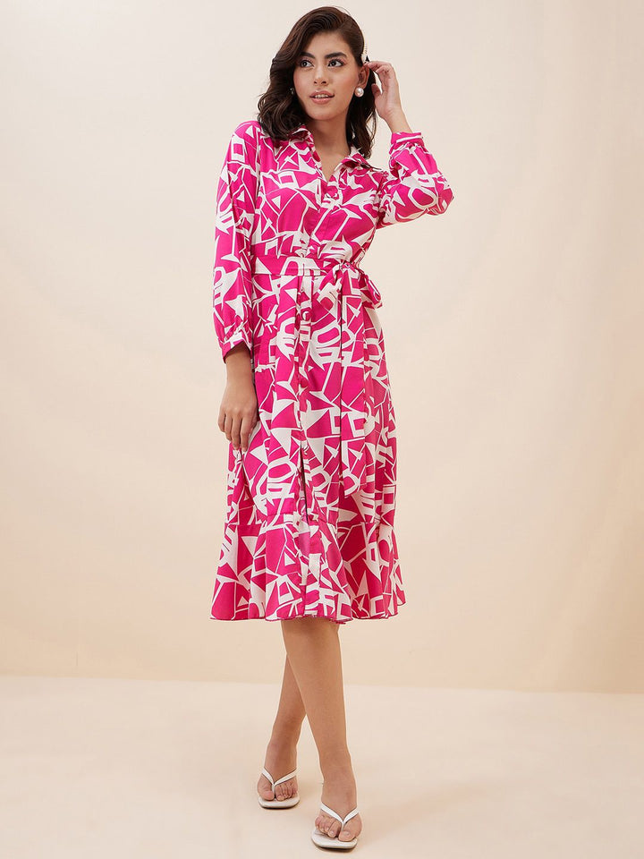 Antheaa Geometric Printed Shirt Style Midi Dress