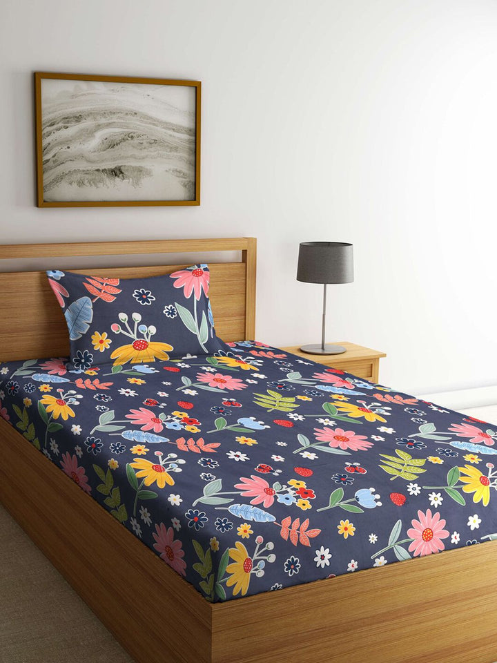 KLOTTHE Blue Geometric Polycotton 210 TC Single Halus 2 Cadar dengan 2 Sarung Bantal-87 x 59 inci