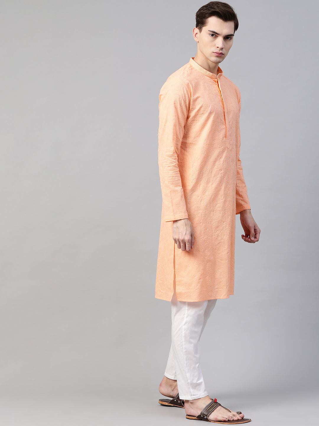 See Designs Men Peach-Colour Pure Cotton Chikankari Embroidered Straight Kurta