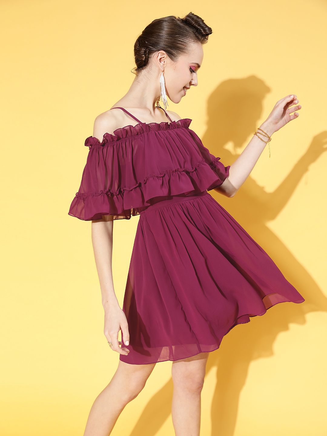 Athena Women Deep Burgundy Solid Feminine Frills Dress