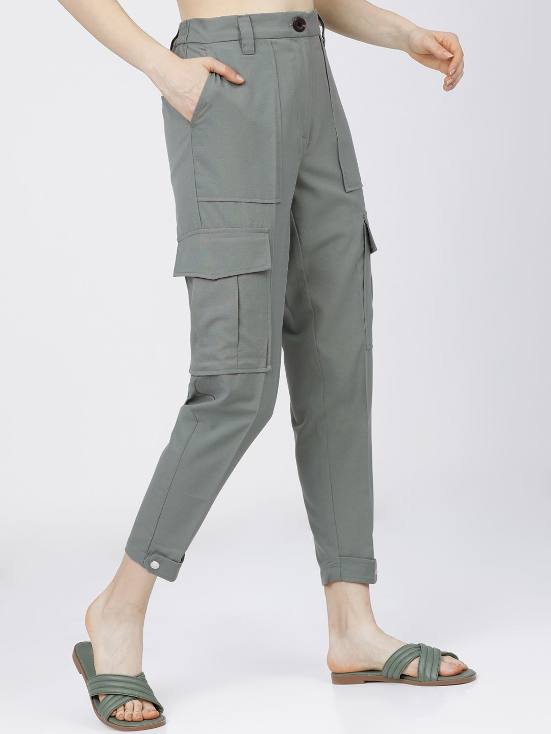 Tokyo Talkies Women Mint Green Tapered Fit Cargos Trousers