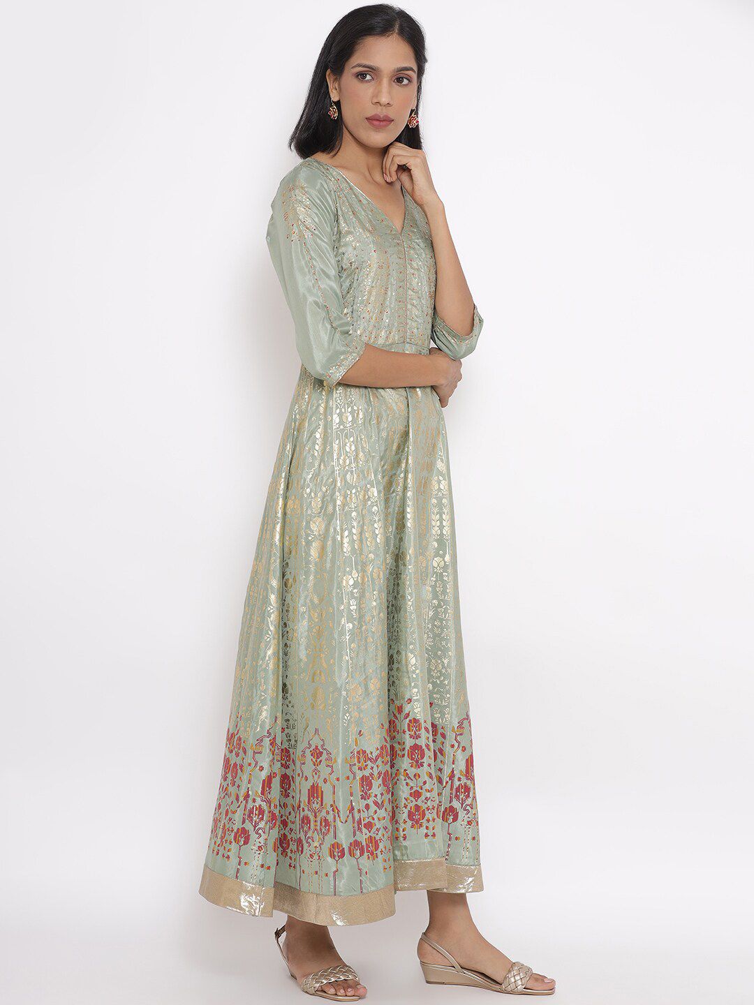 W Green Ethnic Motifs Ethnic Maxi Dress
