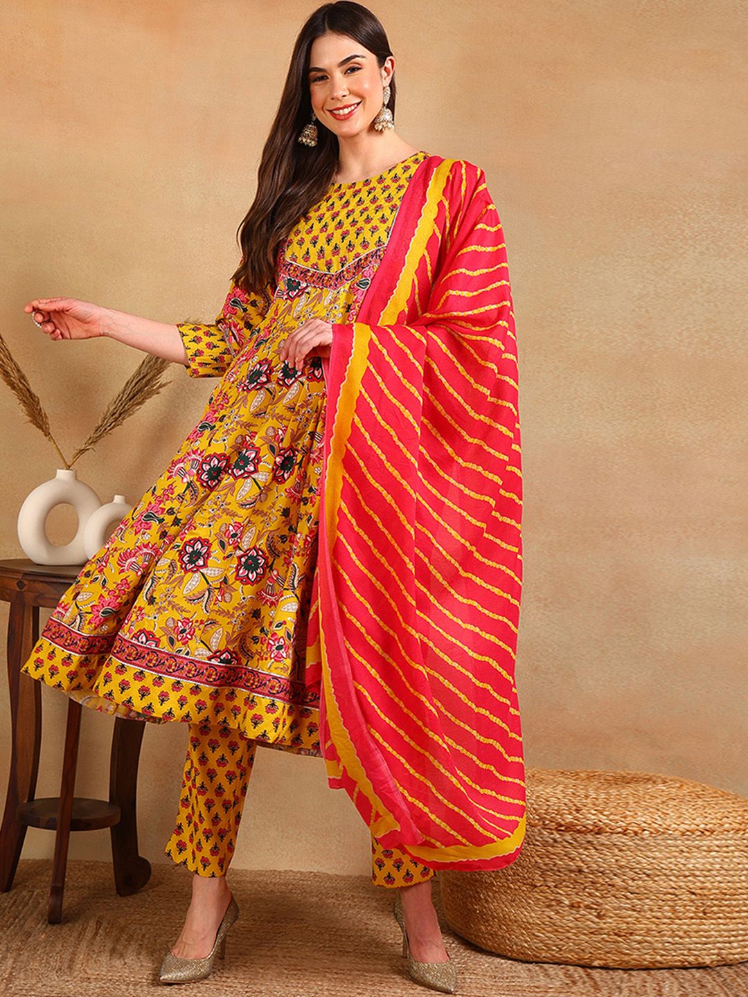 KALINI Floral Printed Round Neck Anarkali Kurta with Trousers & With Dupatta