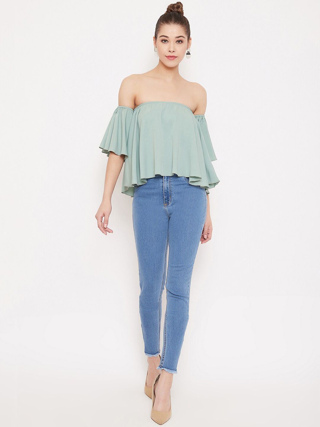 Berrylush Women Green Solid Bardot Top