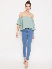 Berrylush Women Green Solid Bardot Top