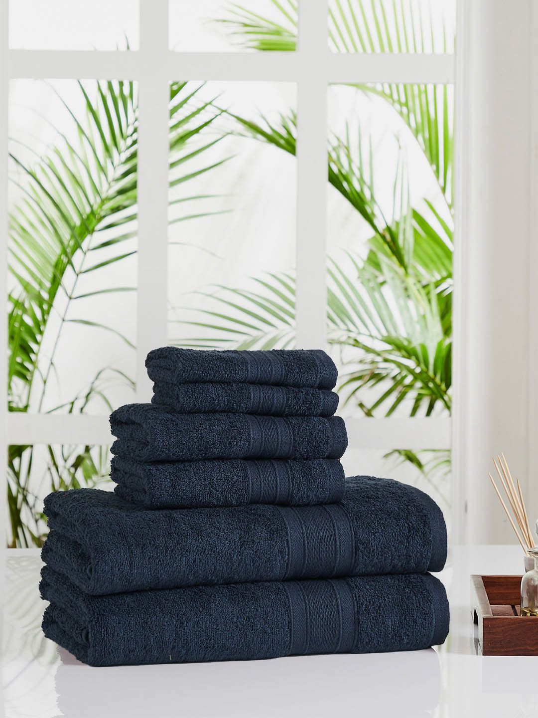 MYTRIDENT Set Of 6 Navy Blue Solid 500 GSM Soft  Plush Pure Cotton Towels