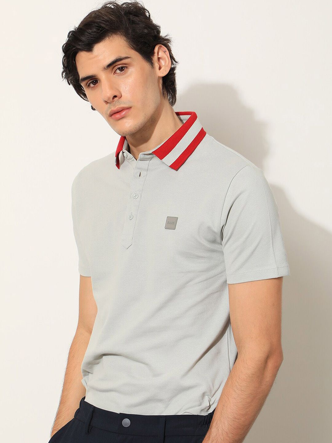 RARE RABBIT Men Divide Polo Collar Slim Fit Cotton T-Shirt