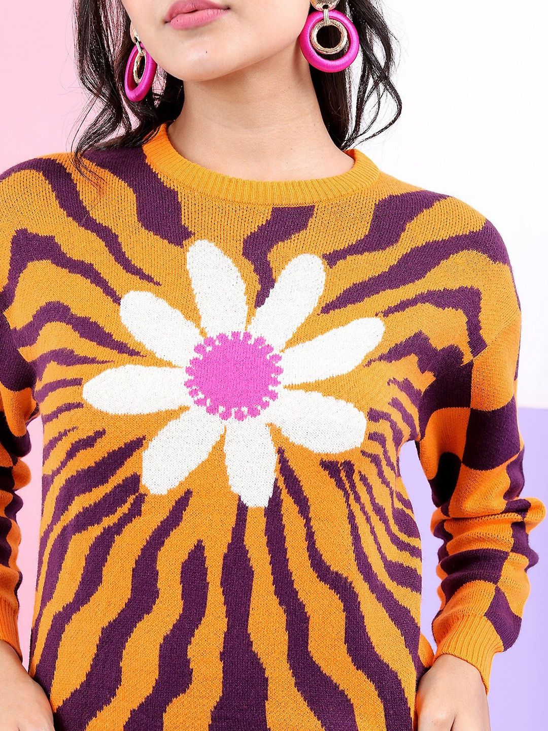 Tokyo Talkies Women Yellow & Purple Floral Jacquard Pullover Sweater