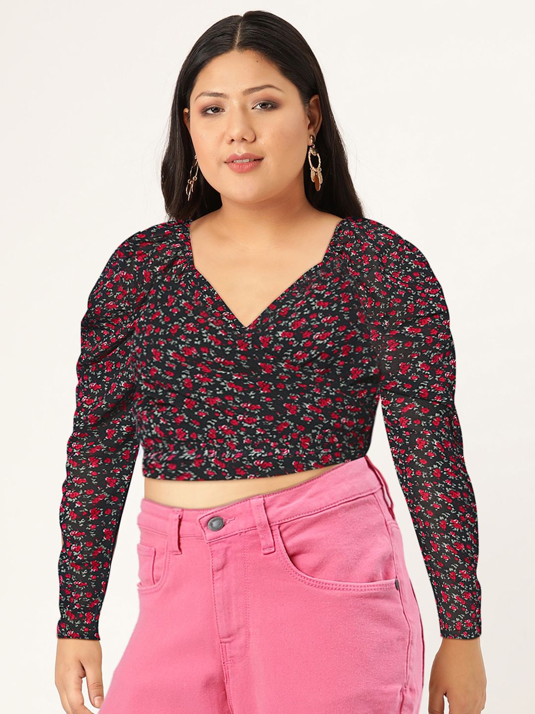 Berrylush Black Floral Print Sweetheart Neck  Wrap Top