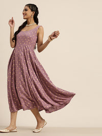 Shae by SASSAFRAS Women Lavender & Golden Liva Foil Printed A-Line Dress