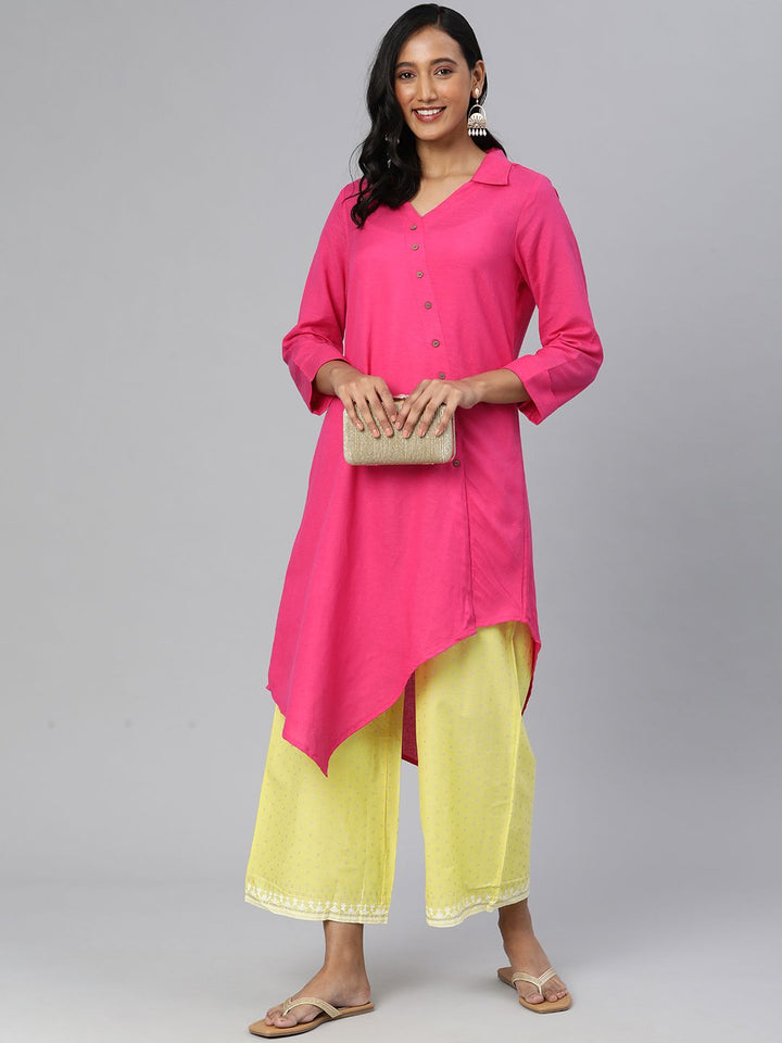 Global Desi Women Pink Solid Shirt Collar Asymmetric Tunic