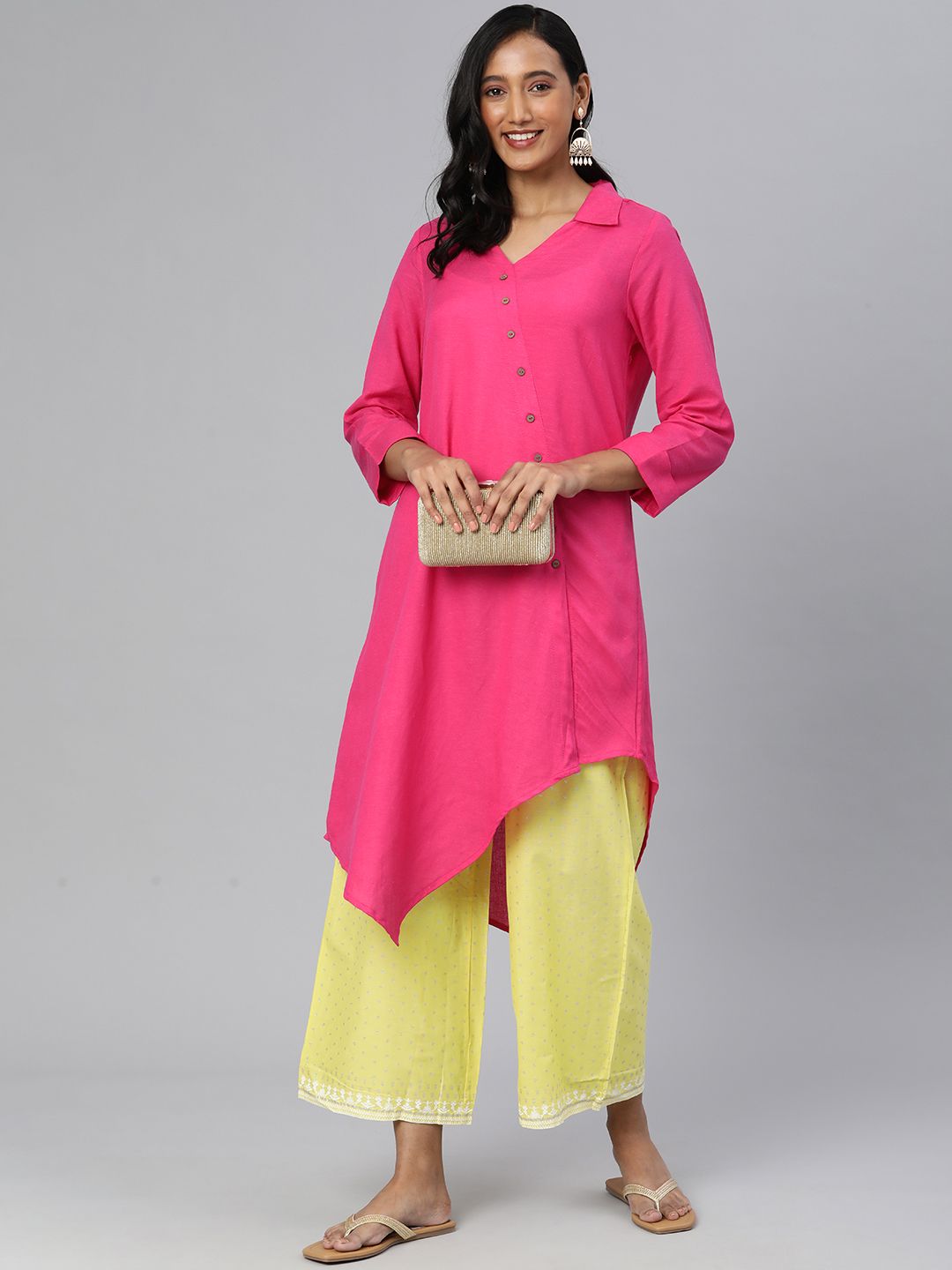 Global Desi Women Pink Solid Shirt Collar Asymmetric Tunic