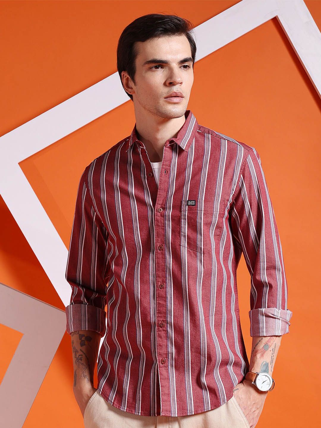 The Indian Garage Co Striped Slim Fit Classic Cotton Casual Shirt