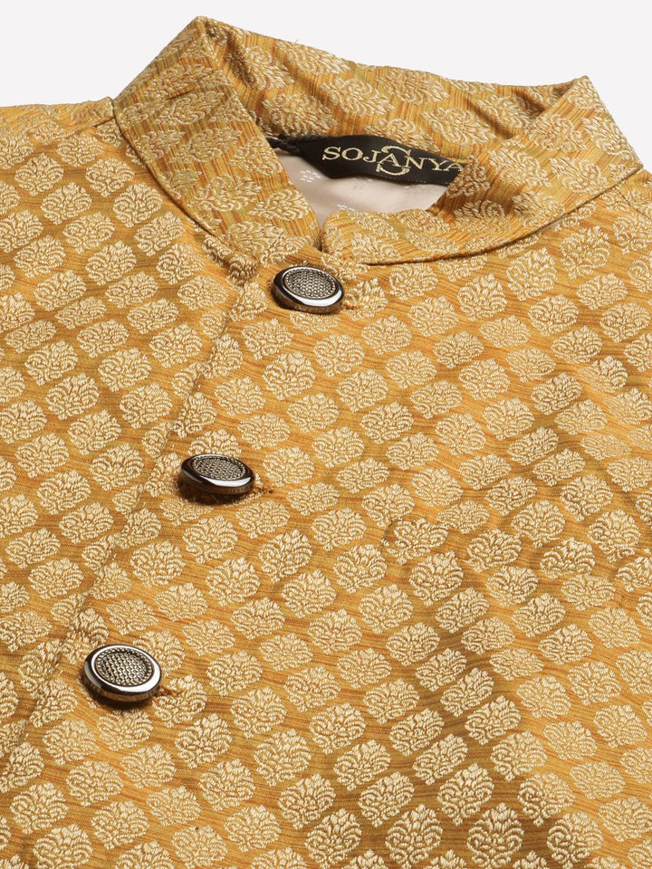 SOJANYA Lelaki Kurta Motif Etnik Biru Teal & Mustard Kuning dengan Jaket Churidar & Nehru