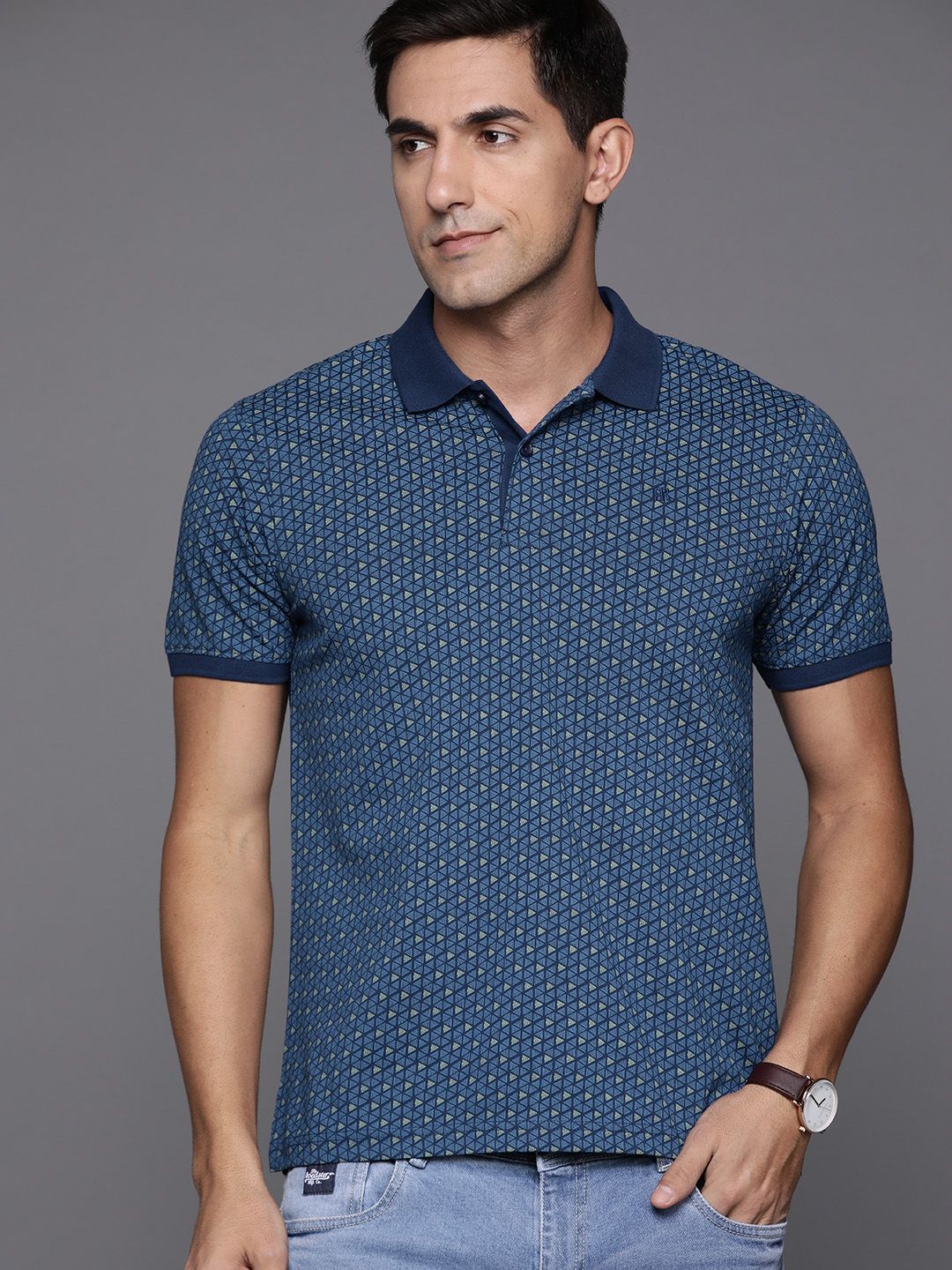 Raymond Men Blue & Green Pure Cotton Printed Polo Collar T-shirt