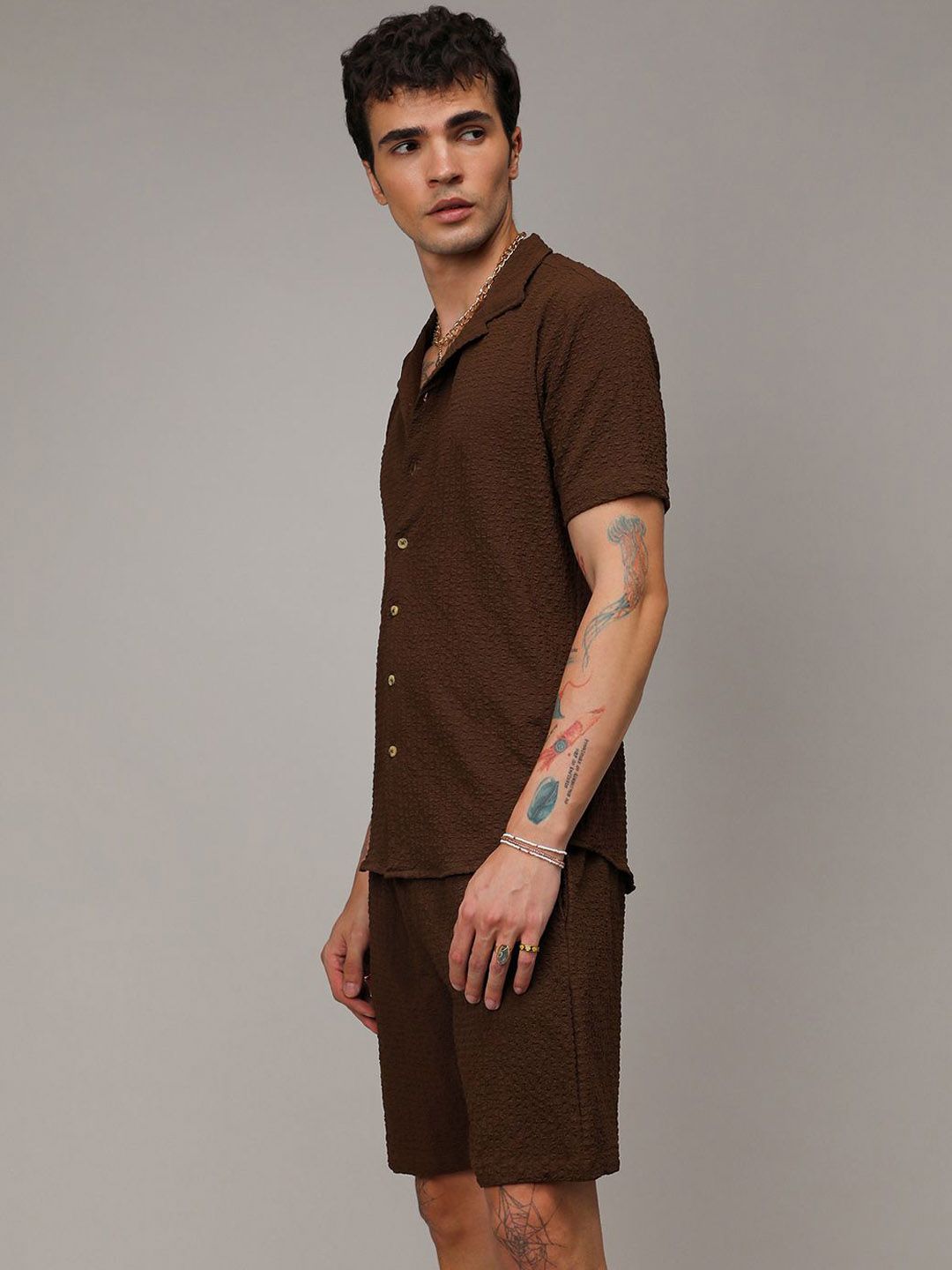 Campus Sutra Chocolate Brown Short Sleeves Textured Shirt & Shorts