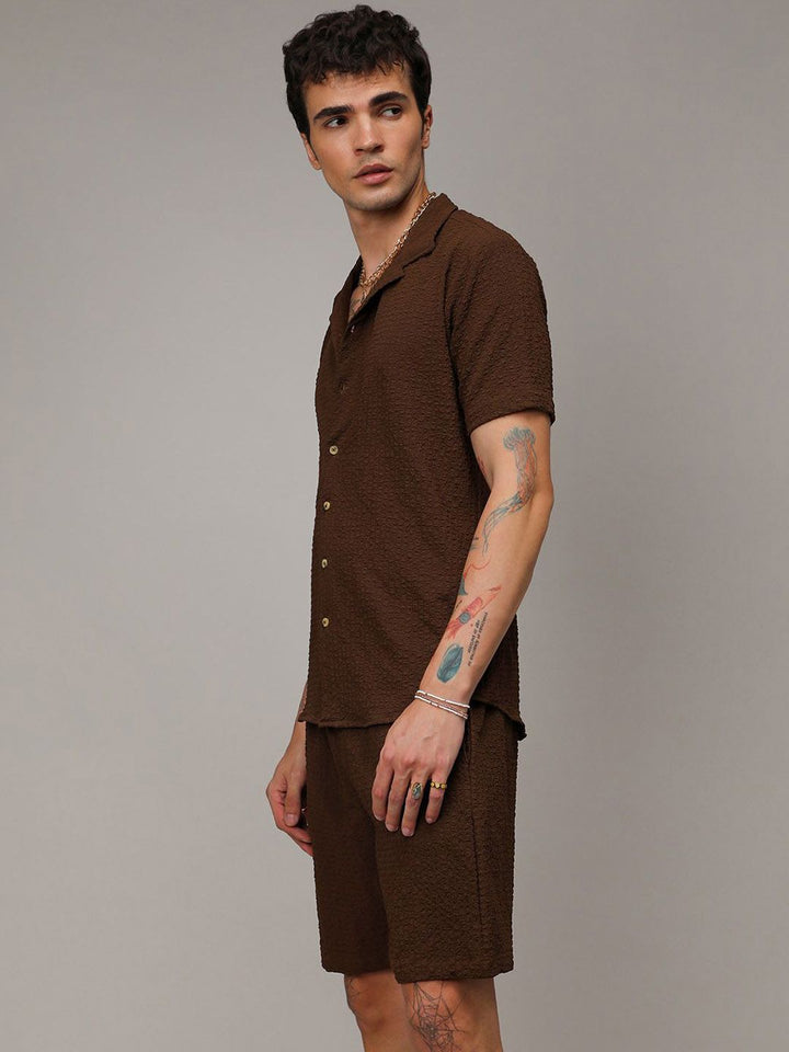 Campus Sutra Chocolate Brown Short Sleeves Textured Shirt & Shorts