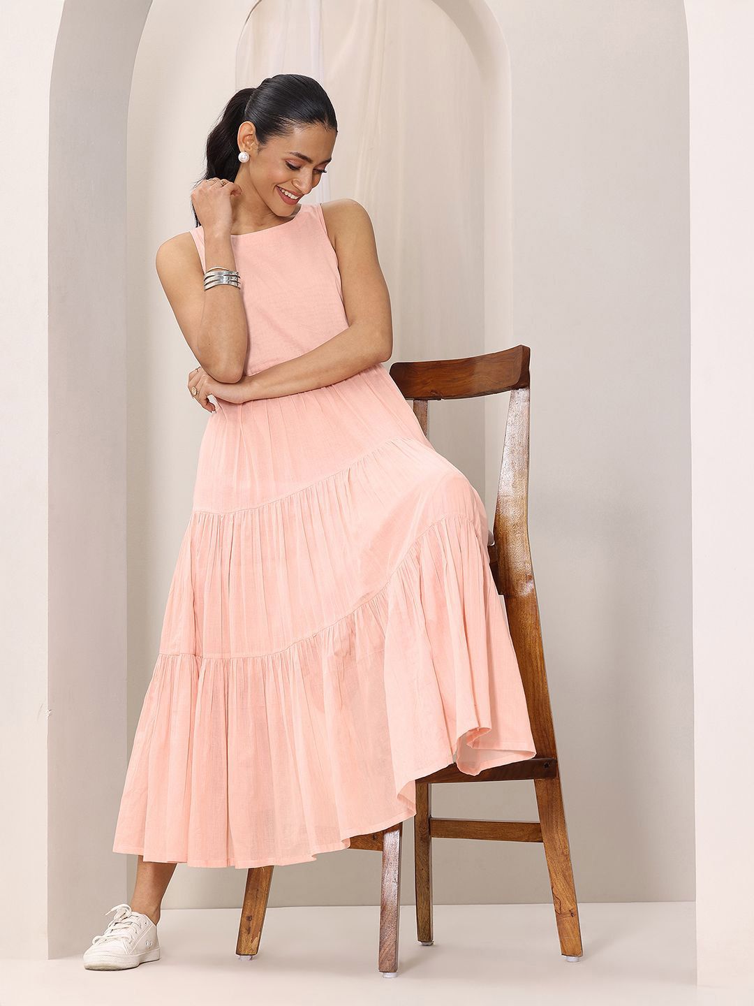 Libas Women Peach Boat Neck Fit & Flare Tiered Midi Dress