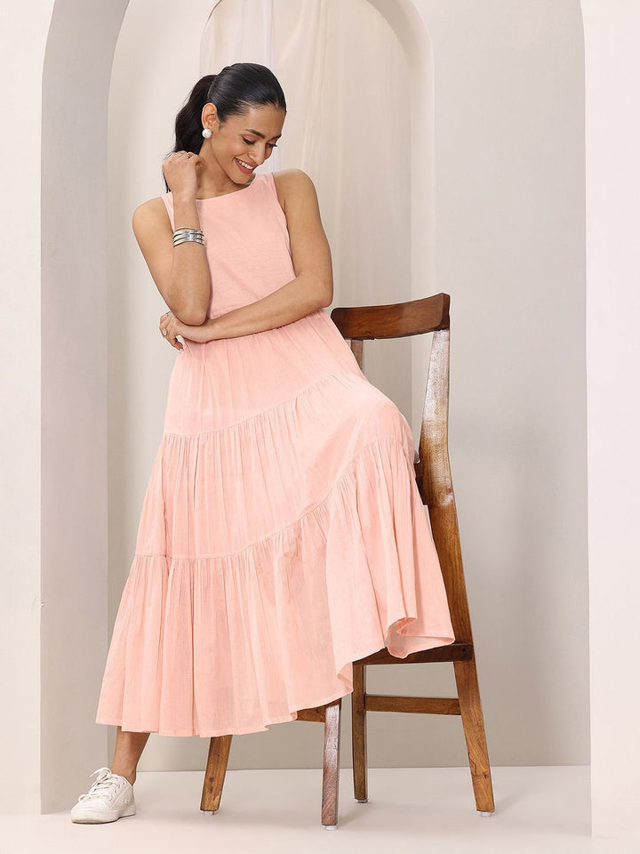 Libas Women Peach Boat Neck Fit & Flare Tiered Midi Dress