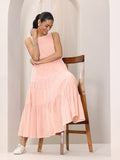 Libas Women Peach Boat Neck Fit & Flare Tiered Midi Dress