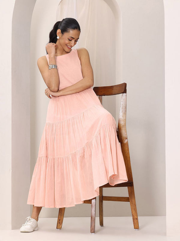 Libas Women Peach Boat Neck Fit & Flare Tiered Midi Dress