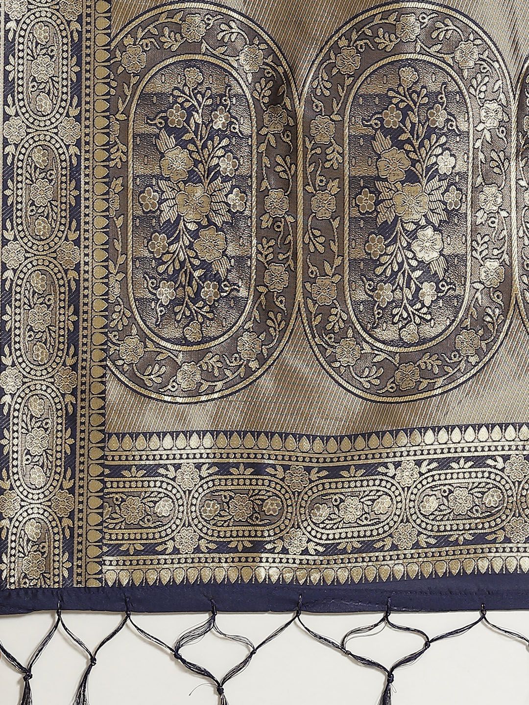 Saree mall Navy Blue & Golden Floral Woven Design Banarasi Saree