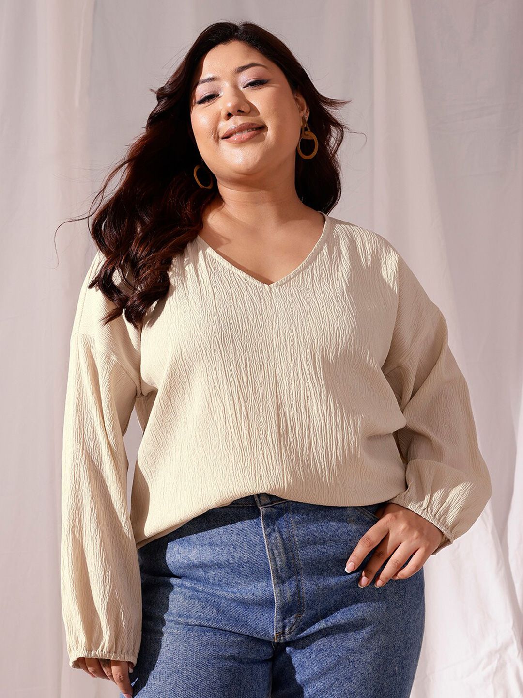 CURVY STREET Self Design V-Neck Drop-shoulder Sleeves Regular Top