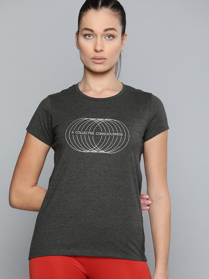 HRX By Hrithik Roshan Yoga Women Anthra Melange Typography  Sustainable Tshirt