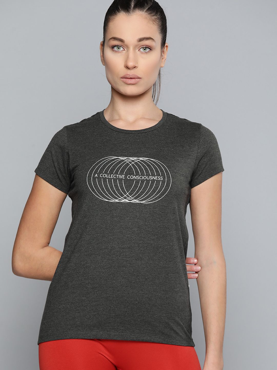 HRX By Hrithik Roshan Yoga Women Anthra Melange Typography  Sustainable Tshirt