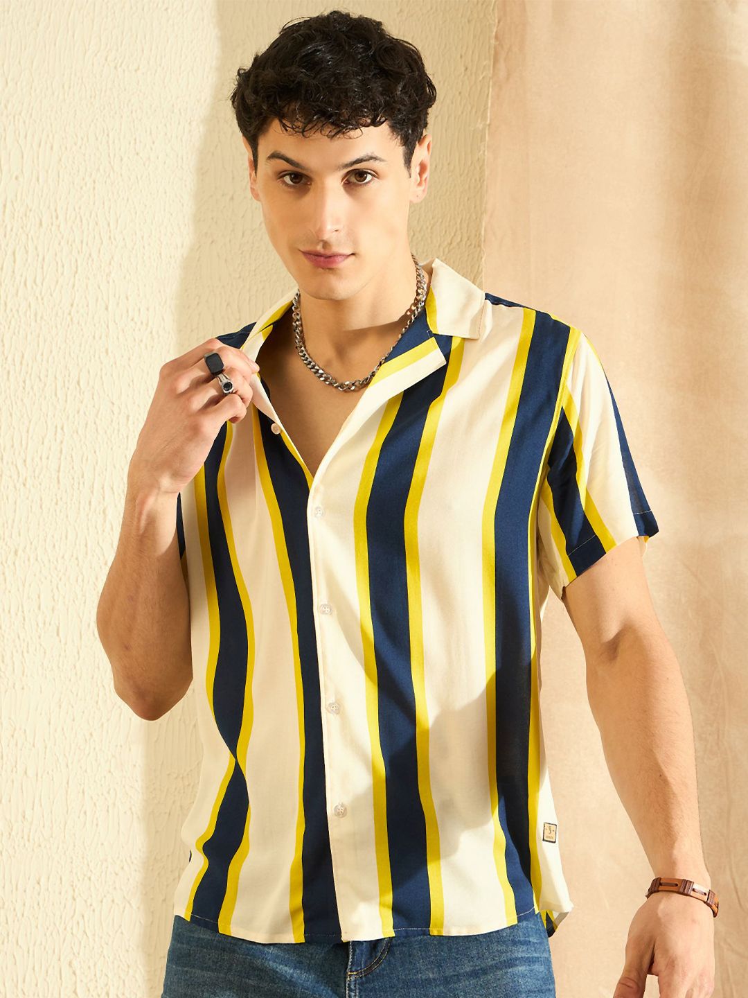 DENNISON Smart Striped Cuban Collar Oversized Casual Shirt