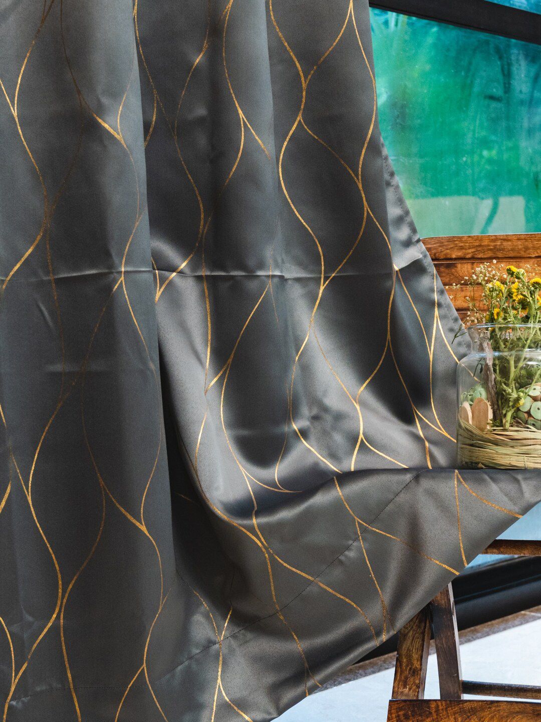 URBAN SPACE Grey & Gold-Toned Printed Black Out Door Curtain