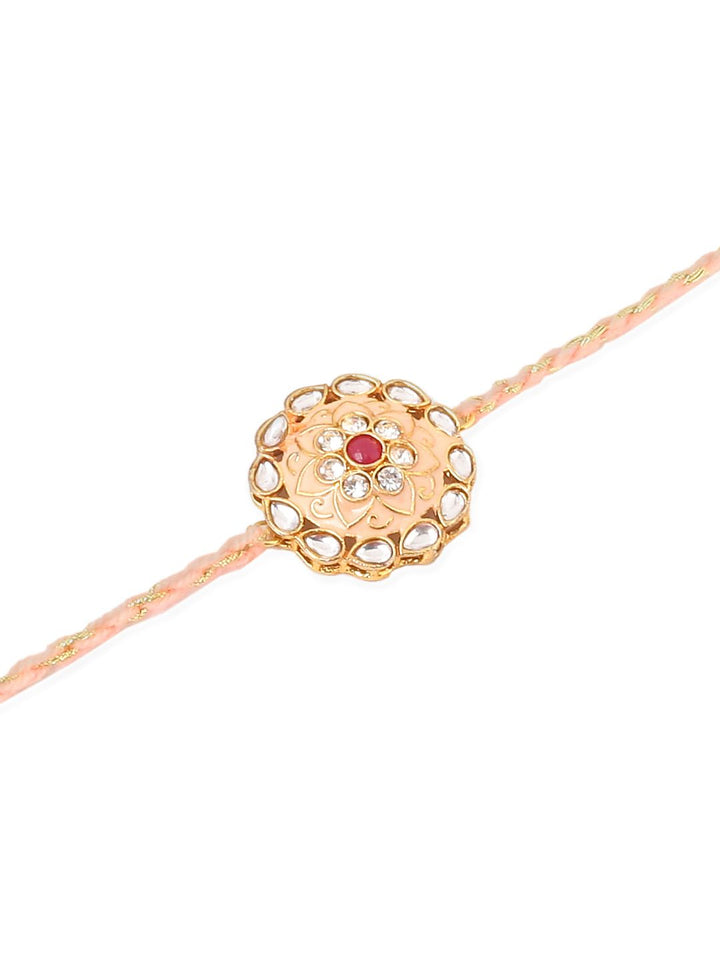 NVR Unisex Set of 2 Kundan Studded Round Floral Rakhi with Roli Chawal Chandan Mishri