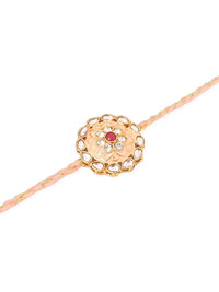 NVR Unisex Set of 2 Kundan Studded Round Floral Rakhi with Roli Chawal Chandan Mishri