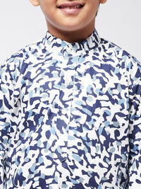 SOJANYA Boys Off White & Navy Blue Cotton Printed Kurta