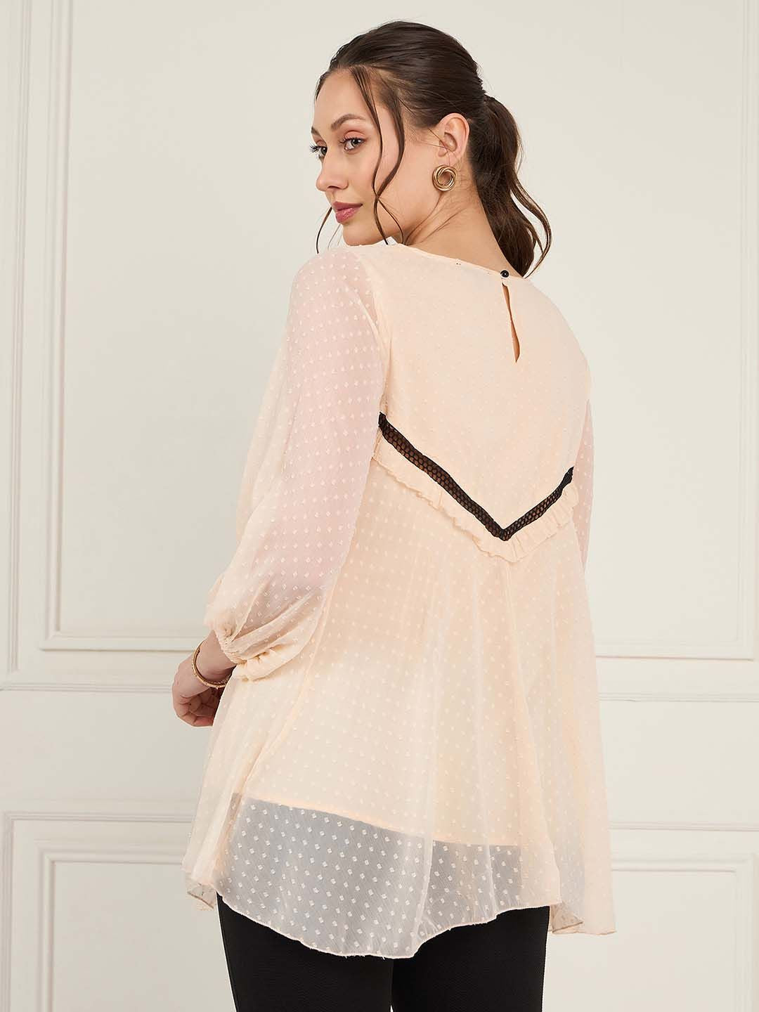 Antheaa Peach-Coloured Self Design Cuffed Sleeves Lace Inserts Chiffon A-Line Top