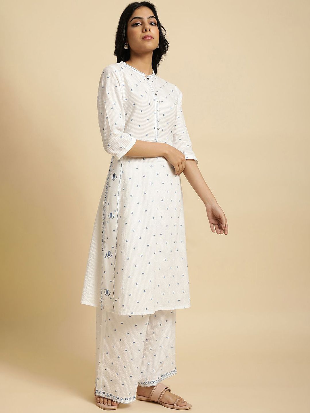 W Floral Printed Pure Cotton Straight Kurta with Trousers