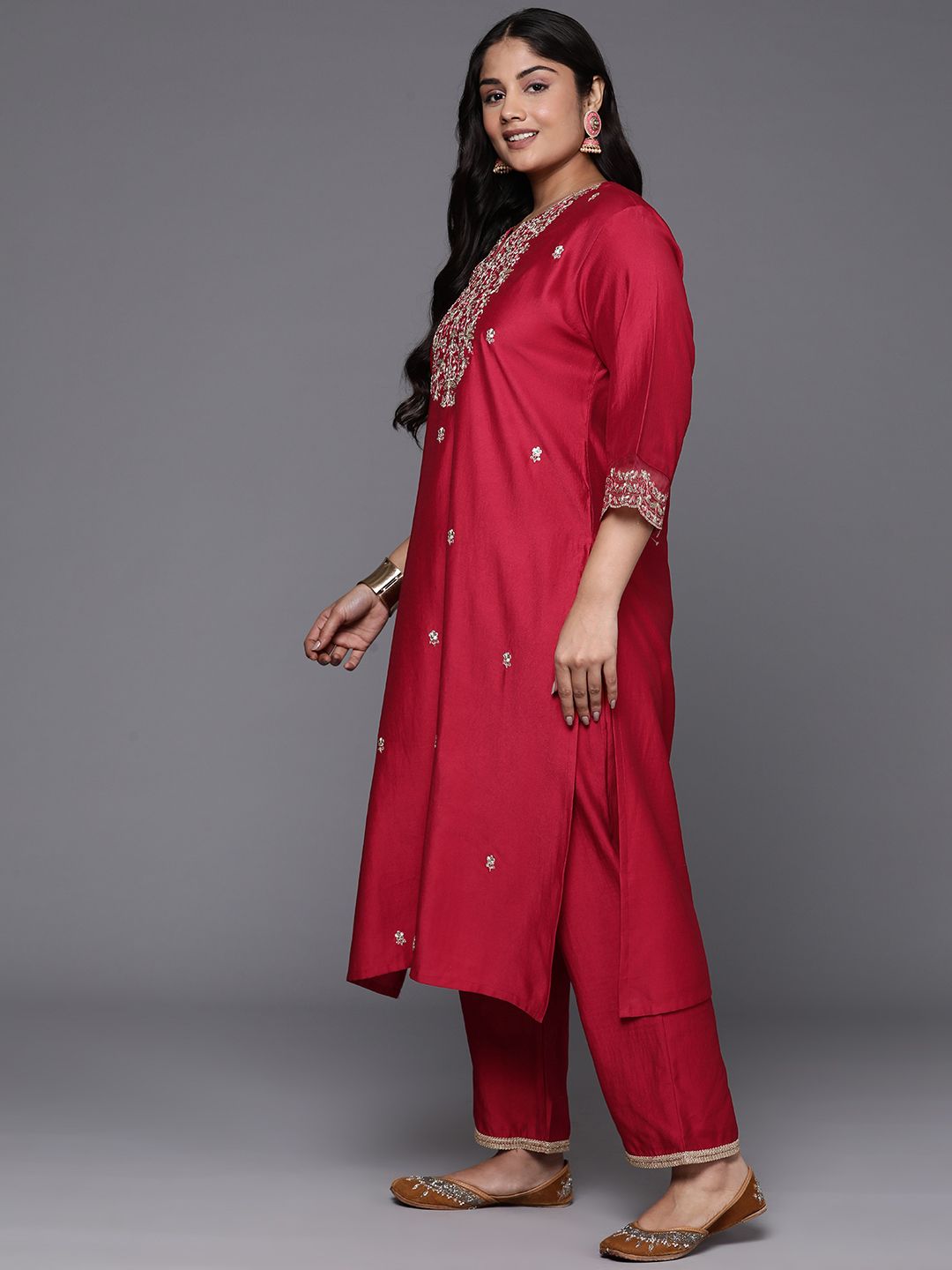 Indo Era Plus Size Ethnic Motifs Embroidered Sequinned Liva Kurta with Trousers & Dupatta