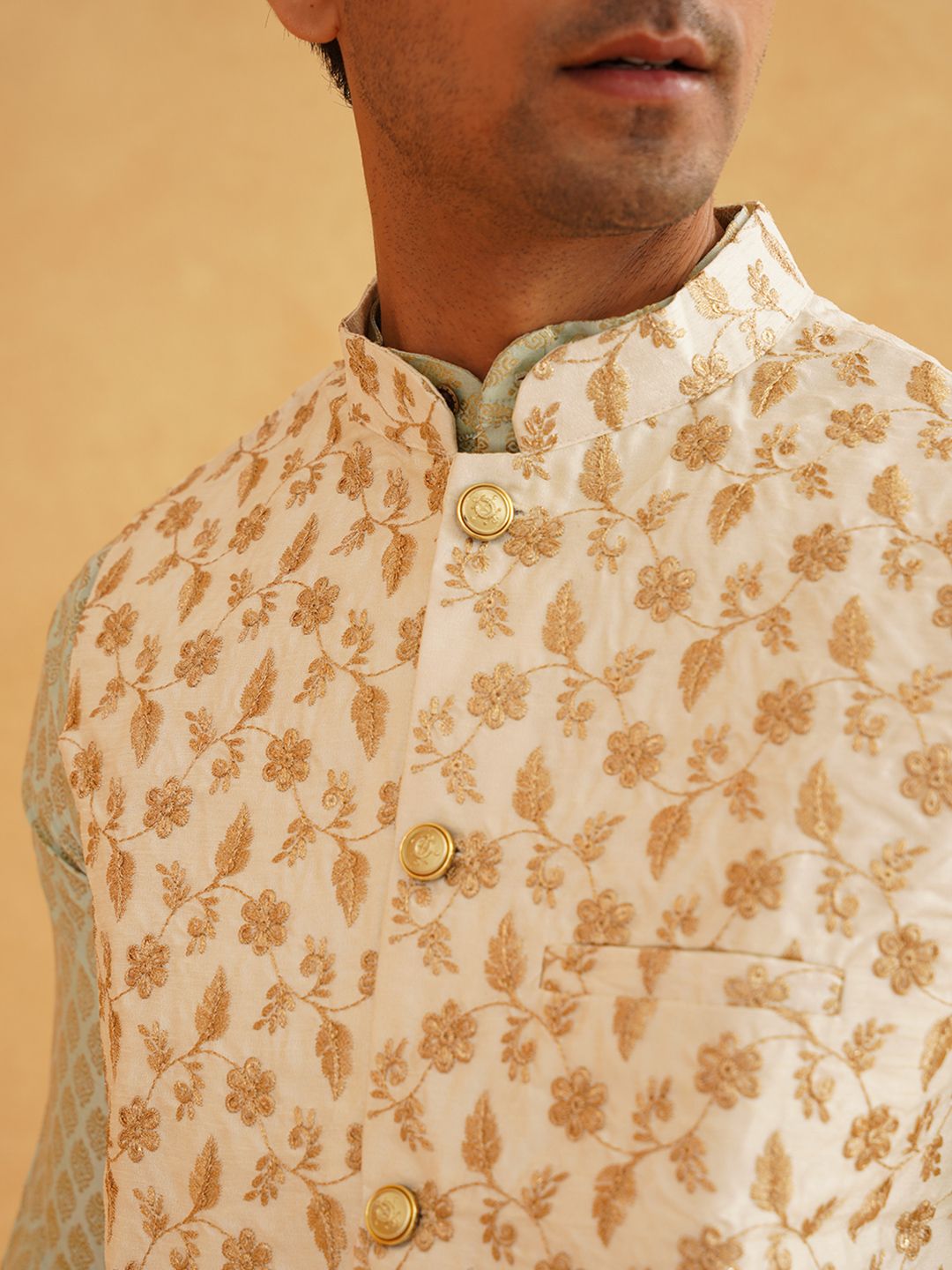 SOJANYA Ethnic Motifs Woven Design Band Collar Kurta With Pyjamas & Nehru Jacket