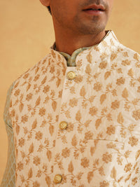 SOJANYA Ethnic Motifs Woven Design Band Collar Kurta With Pyjamas & Nehru Jacket