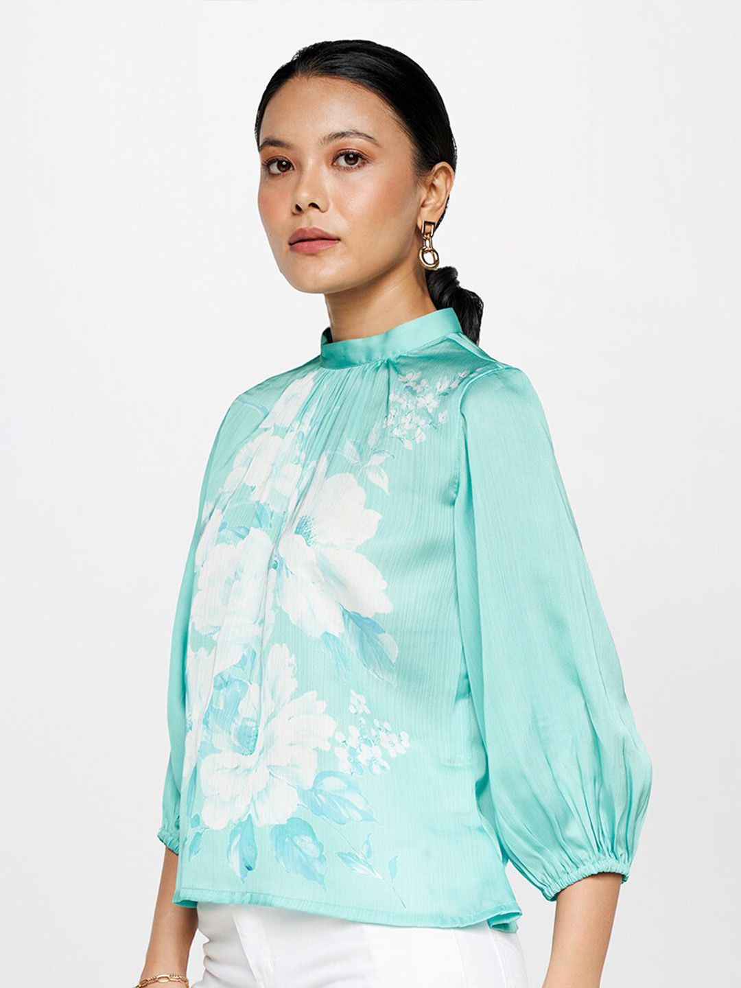 AND Floral Printed High Neck Gathered Puff Sleeves Top