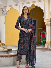 KALINI Floral Printed Pleated Straight Kurta With Trousers & Dupatta