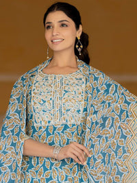 Varanga Floral Printed Regular Thread Work Kurta with Trouser & Dupatta