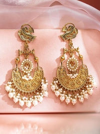 Rubans 18K Gold-Plated Large Chandbali Earrings with White Pearl Beaded Accents