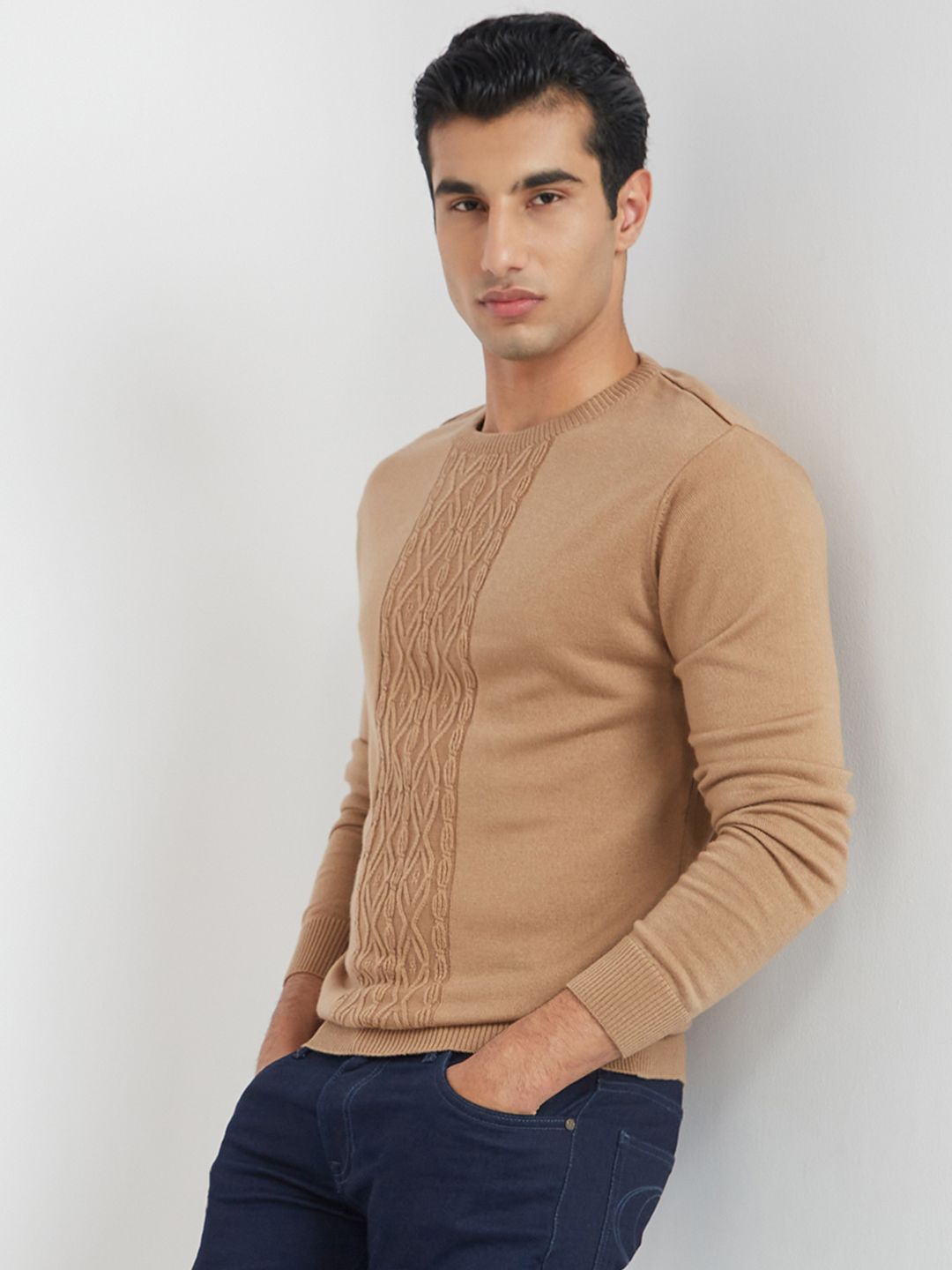 Raymond Men Beige Self Design Pullover