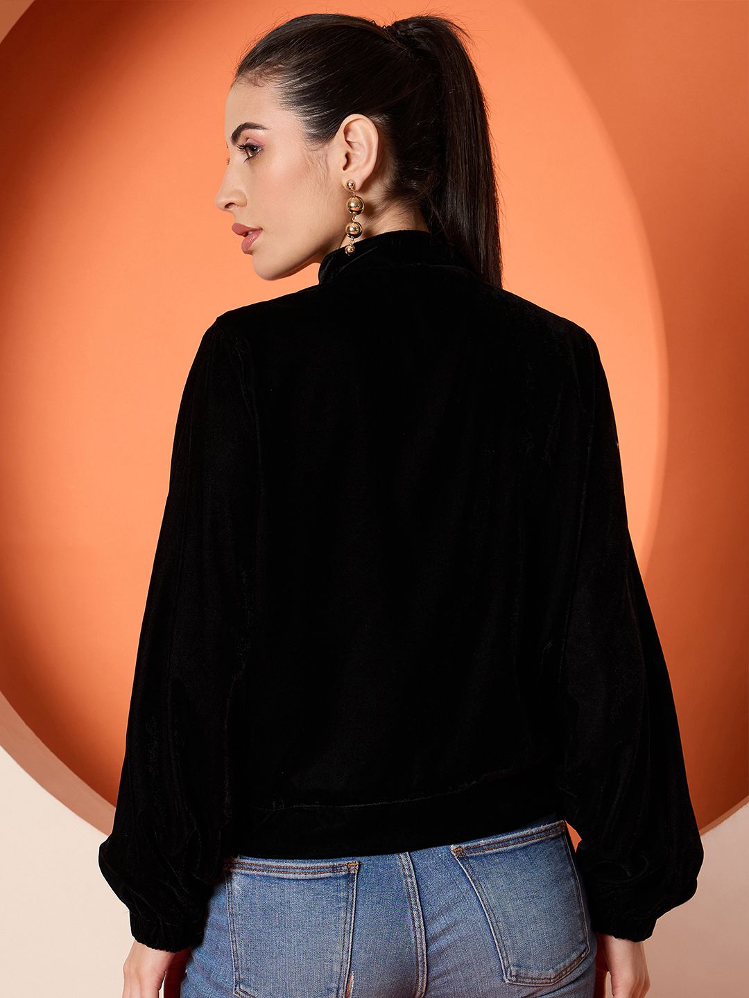 Antheaa Women Velvet Embroidered Bomber Jacket
