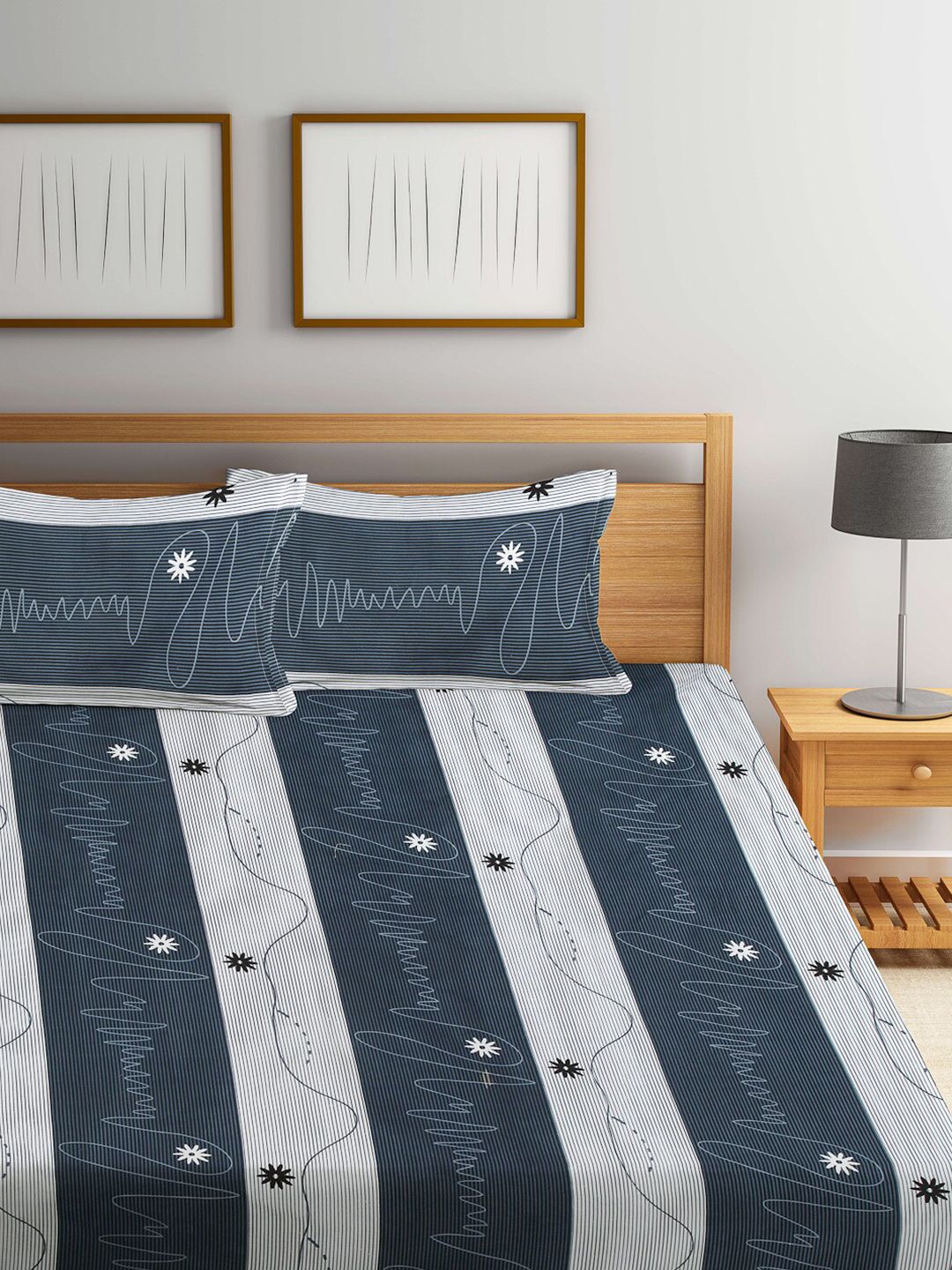 KLOTTHE Blue 300 TC Striped Cotton Blend Double King Bed Sheet with 2 Pillow Covers