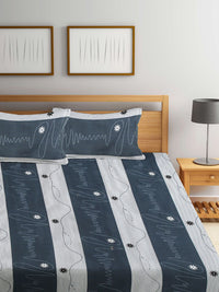 KLOTTHE Blue 300 TC Striped Cotton Blend Double King Bed Sheet with 2 Pillow Covers